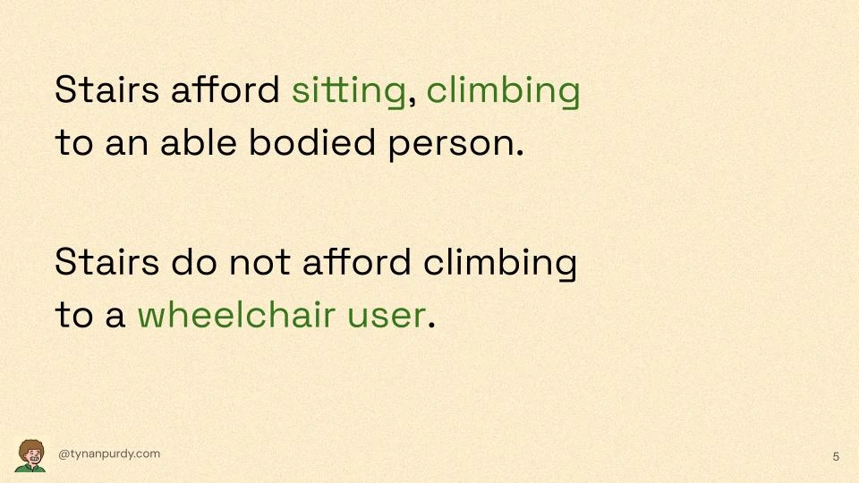 Stairs afford sitting, climbing to an able bodied person.

Stairs do not afford climbing to a wheelchair user.