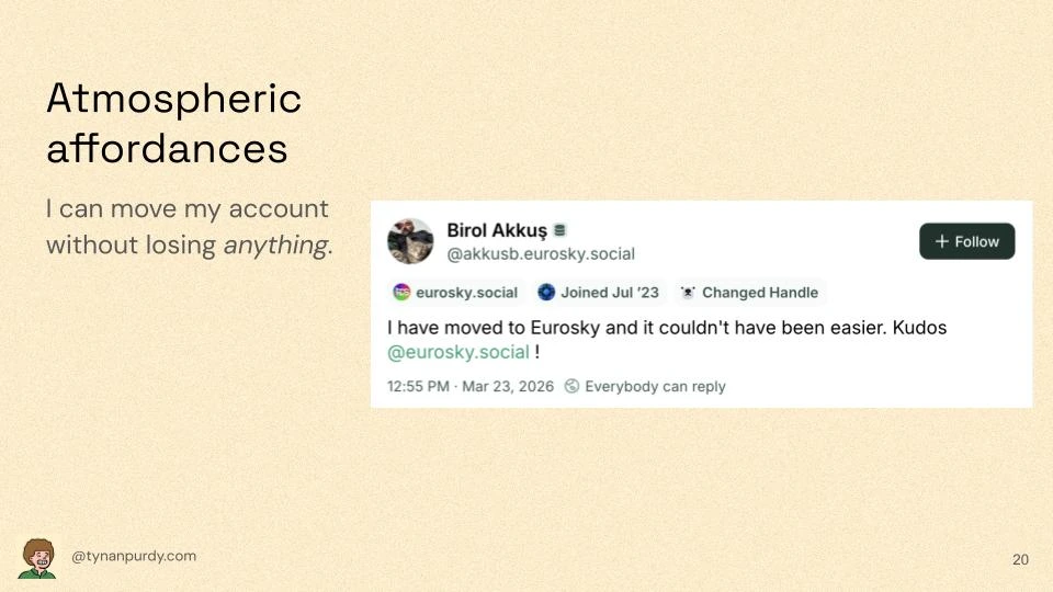 Atmospheric affordances
I can move my account without losing anything.

[Embedded Bluesky post]
Birol Akkuş
@akkusb.eurosky.social
I have moved to Eurosky and it couldn't have been easier. Kudos @eurosky.social!