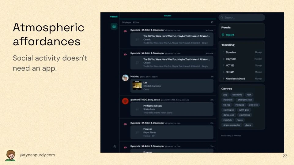 Atmospheric affordances
Social activity doesn't need an app.

[Screenshot of a complete teal.fm web app]