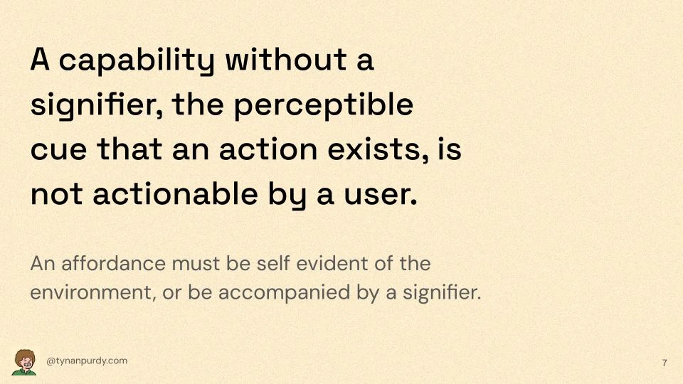 A capability without a signifier, the perceptible cue that an action exists, is not actionable by a user.

An affordance must be self evident of the environment, or be accompanied by a signifier.