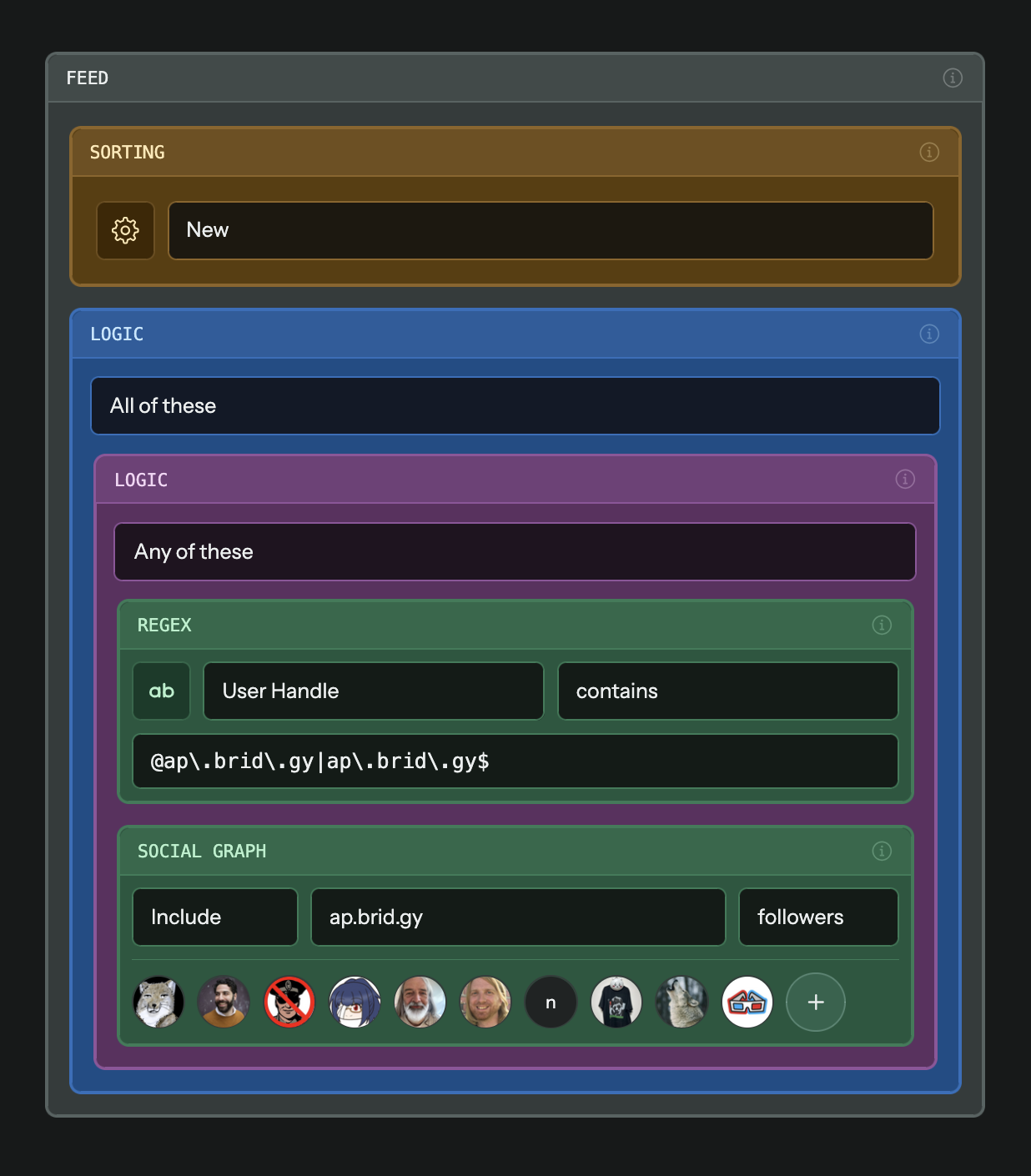 FEED
  SORTING: New
  LOGIC: All of these
    LOGIC: Any of these
    REGEX: User Handle contains @ap\.brid
.gy|ap\.brid\.gy$
    SOCIAL GRAPH: Include @ap.brid.gy followers