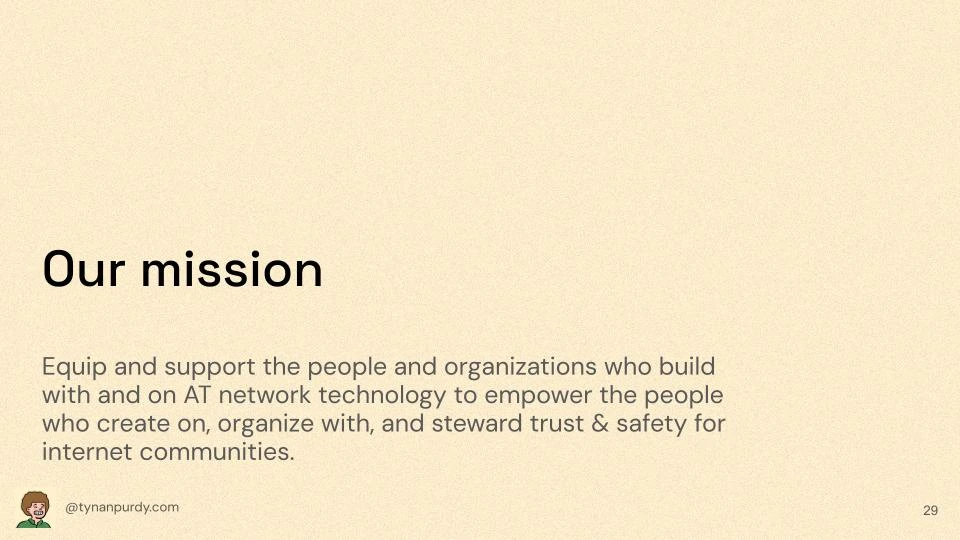 Our mission
Equip and support the people and organizations who build with and on AT network technology to empower the people who create on, organize with, and steward trust & safety for internet communities.