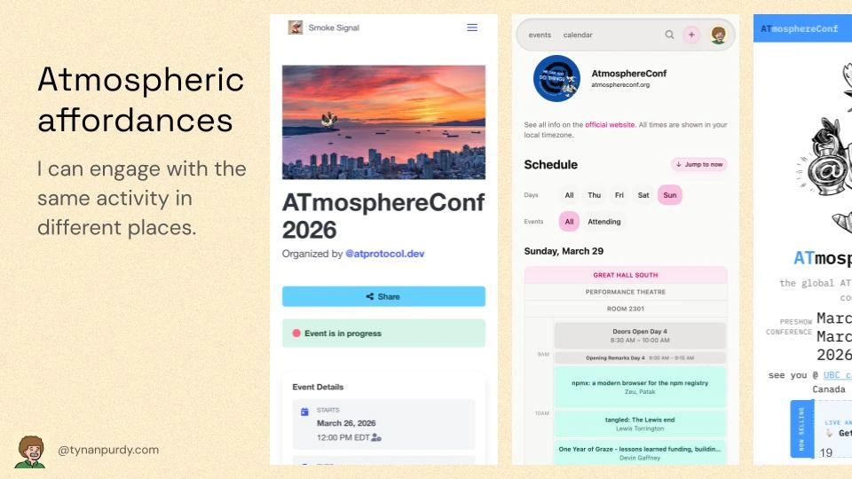 Atmospheric affordances
I can engage with the same activity in different places.

[3 screenshots of the ATmosphereConf 2026 schedule on smokesignal.events, atmo.rsvp, and atmosphereconf.org]